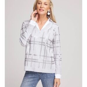 Chicos Gray Sequin Plaid Layered Look Sweater V-Neck Collared Shirt Size 2 Large